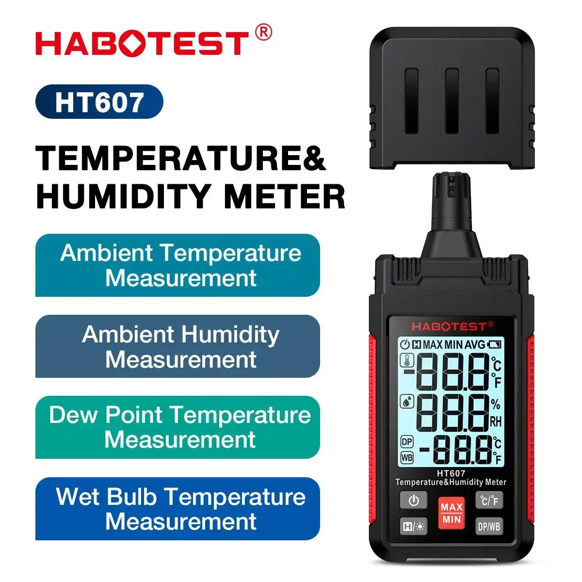 HABOTEST Digital Temperature Humidity Meter HT607, high precision digital hygrometer ambient dew point humidity meter
