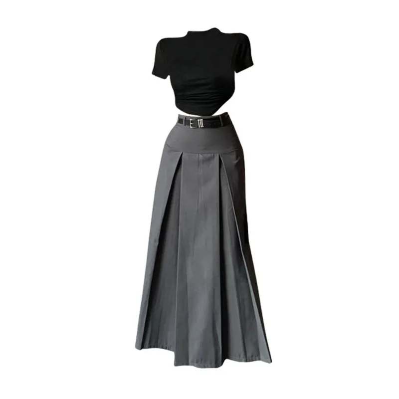 

2000s Kpop Short Sleeve Irregular Chic Fashion Women T-shirts + High Waist Slim All Match Skirts Autumn New 2 Set Ropa Mujer