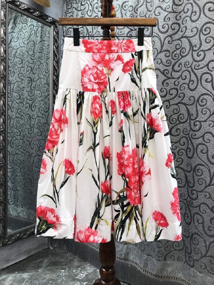 

100%Cotton Skirts 2023 Summer Style Ladies Red Floral Green Leaves Prints Mid-Calf Length A-Line Casual White Skirts Outfits