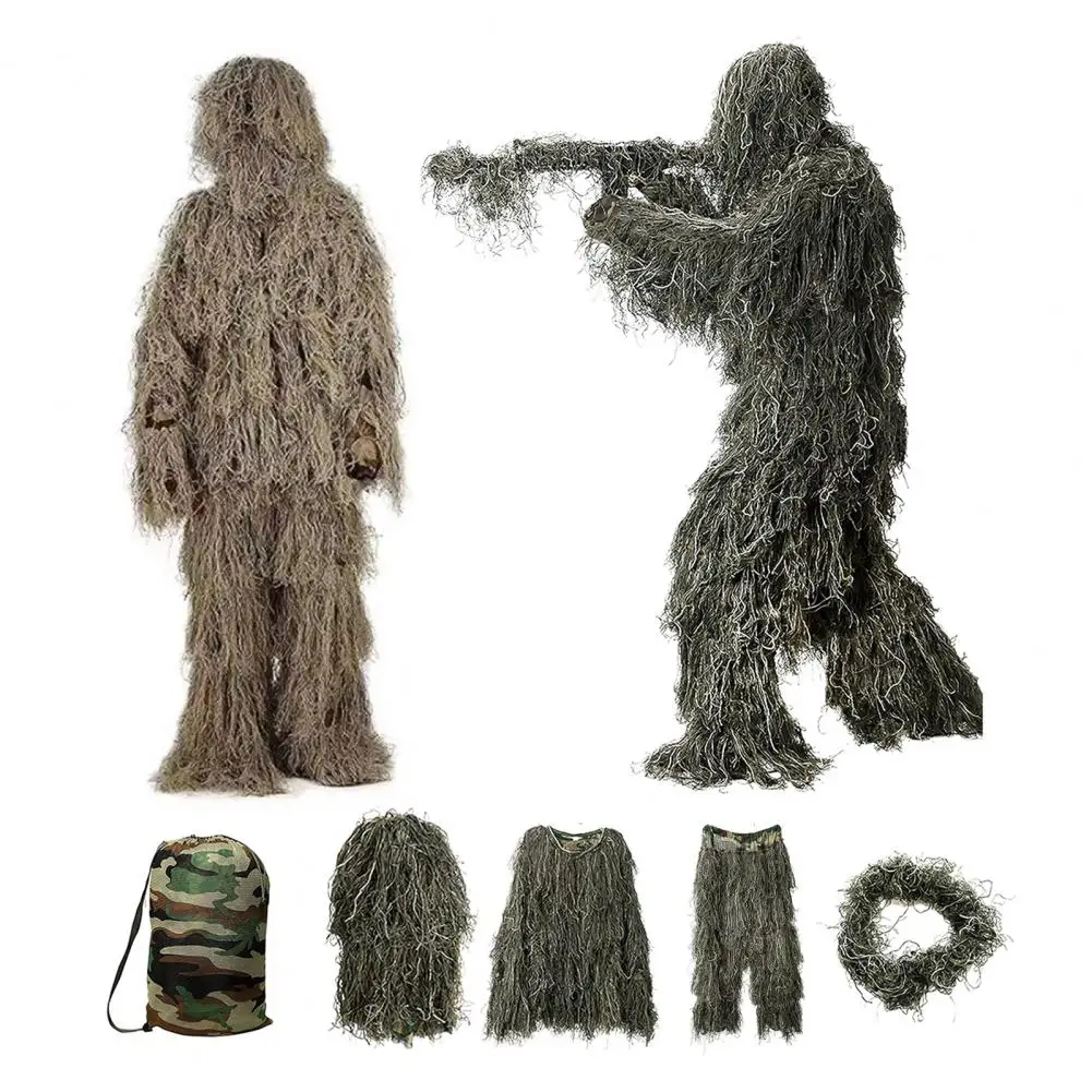 Forest Camouflage Clothing Ghillie Suit with Jacket Pants Hood Garland Carry Bag Hunting Apparel Halloween Ghillie Costume 5Pcs ghillie suit