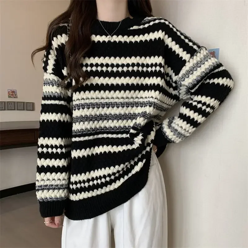 

Women's Long Sleeve Striped Sweater Loose Colorblock Knitwear Oversized Ladies Winter Fall Drop Shoulder Pullover Jumper