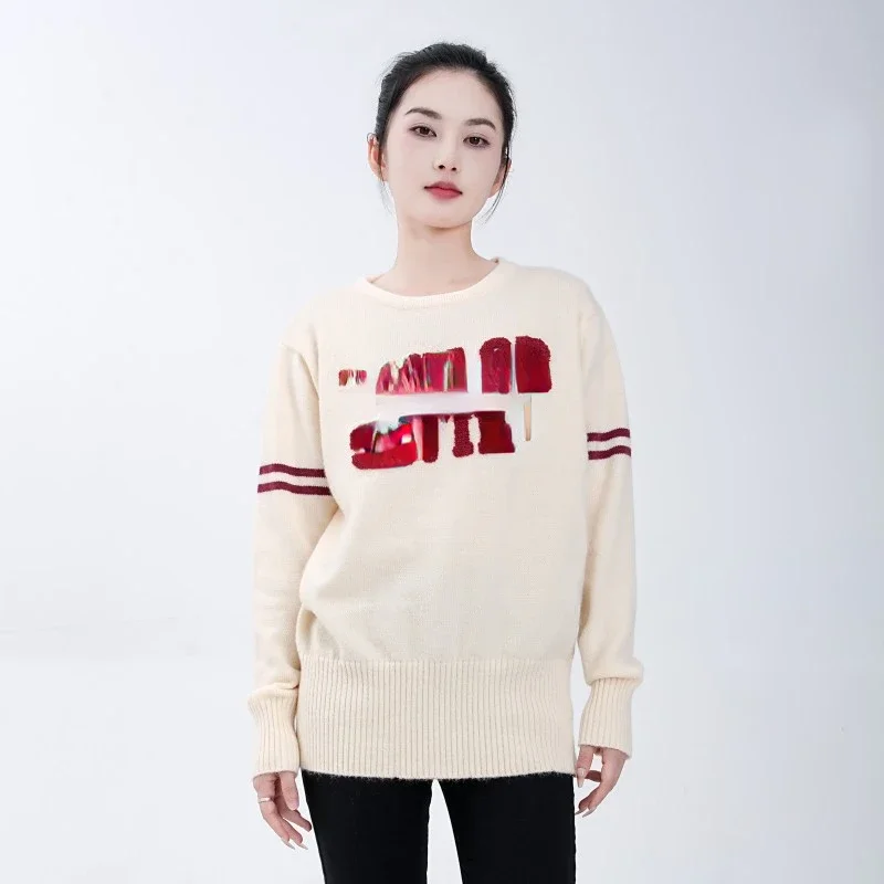 

2023 Letter Embroidered Loose Women Sweater Round Neck Long Sleeved Knitted Pullover Fashion All Match Fairy Grunge Sweaters
