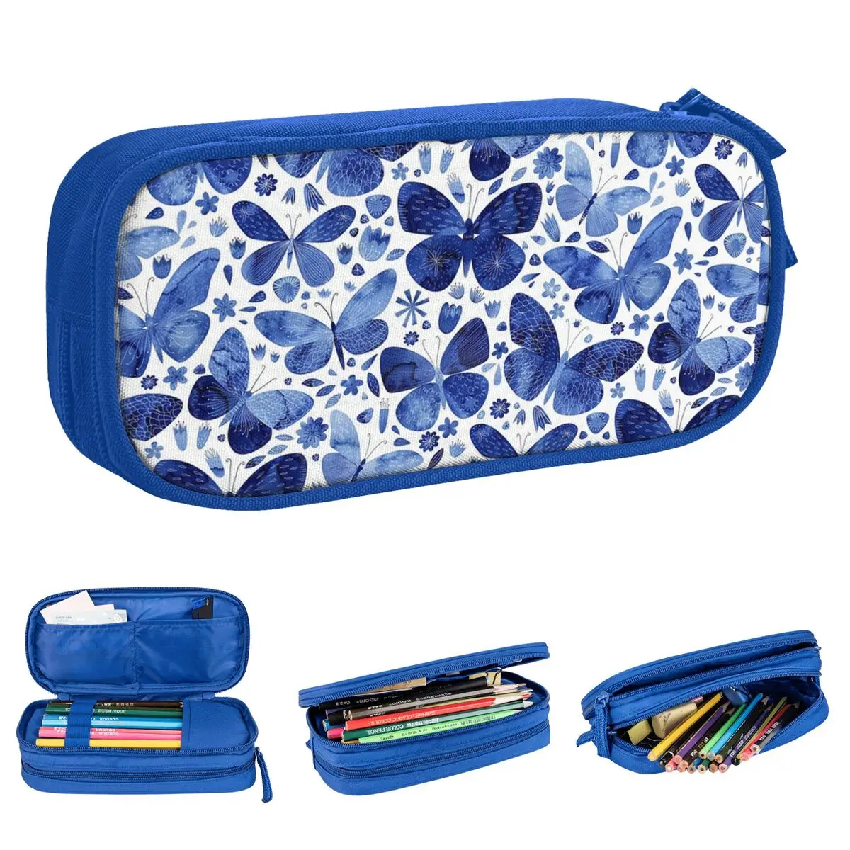

Blue Butterflies Pencil Case Pen Box Bag Kids Large Storage Office Gifts Pencil Pouch