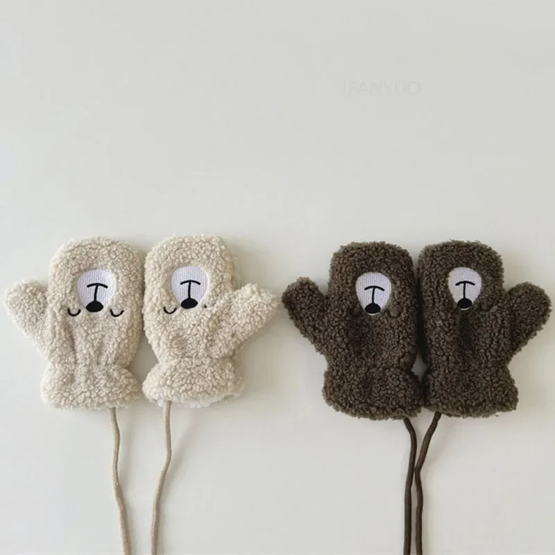 Children Lamb Wool Neck Hanging Gloves Mittens Kids Accessories 2-6 Years