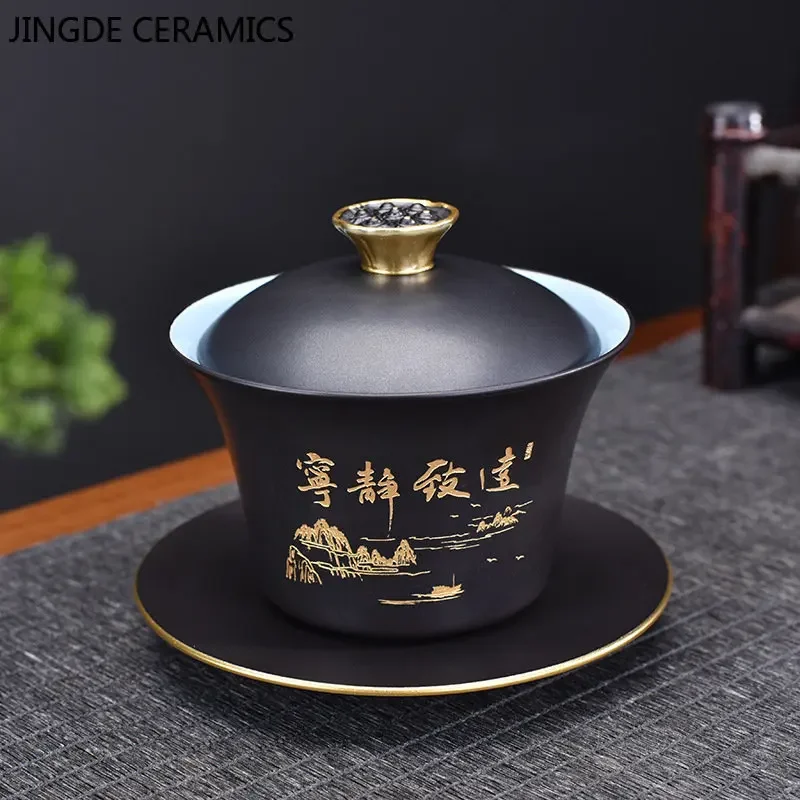 Chinese Style Ceramic Gaiwan Lotus Flower Tracing Gold Teacup Tea Bowl Household Retro Tea Set Handmade Infuser