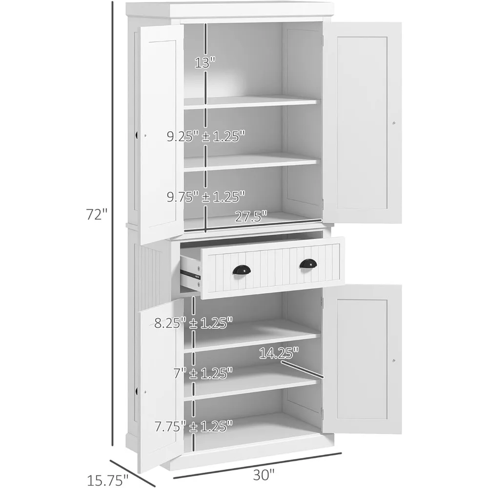 72" Kitchen Pantry Storage Cabinet, Traditional Freestanding Cupboard with 4 Doors and 3 Adjustable Shelves