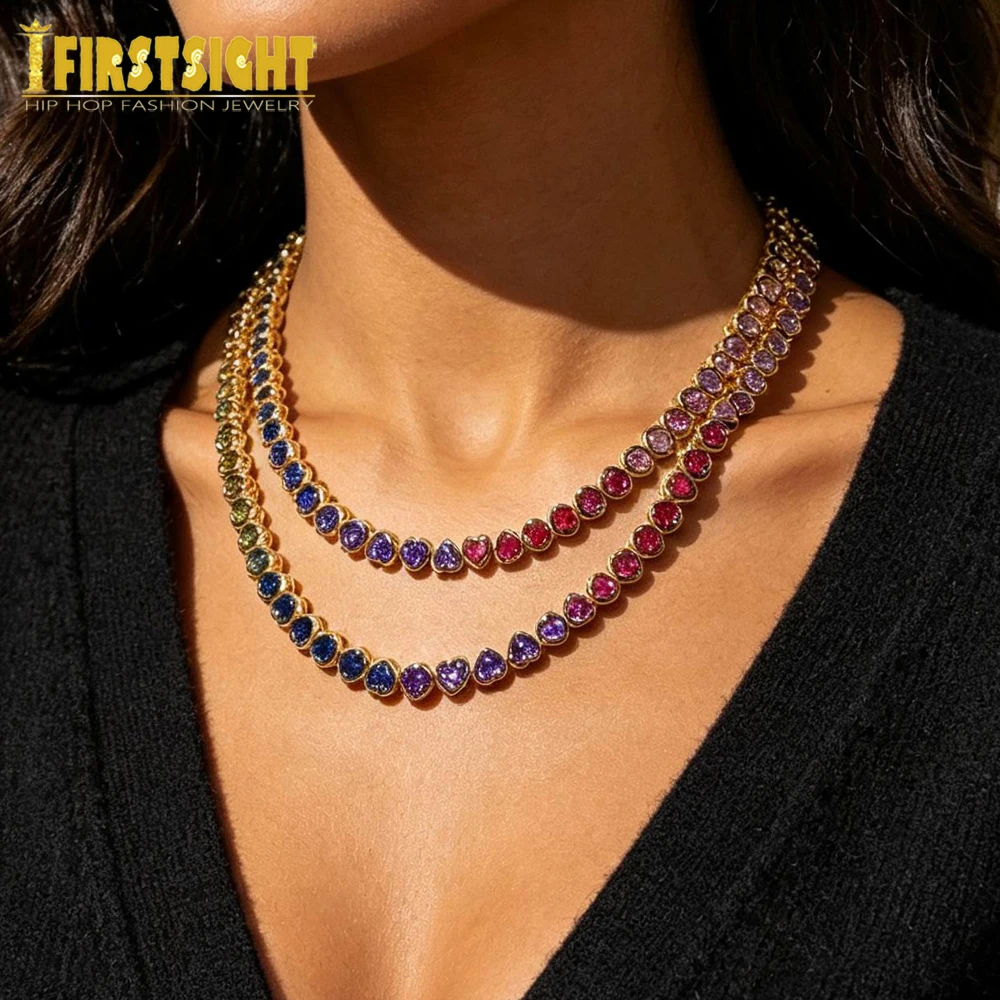 2025 New Iced Out AAA Cubic Zirconia Heart Tennis Chain Necklace Gold Color Rainbow CZ Charm Choker Hip Hop Jewelry For Women 6