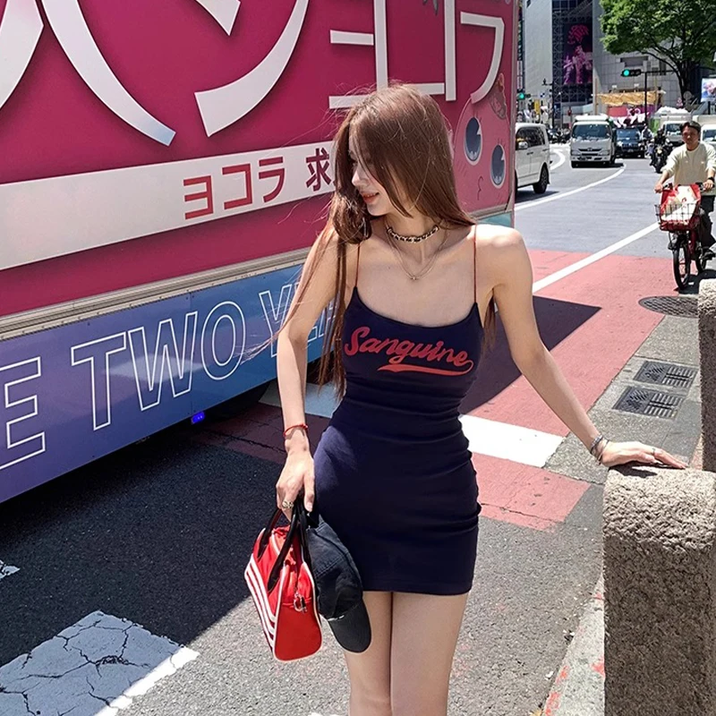 Retro Letter Printed Spaghetti Strap Sheath Wrapped Mini Dress With Chest Pad 2