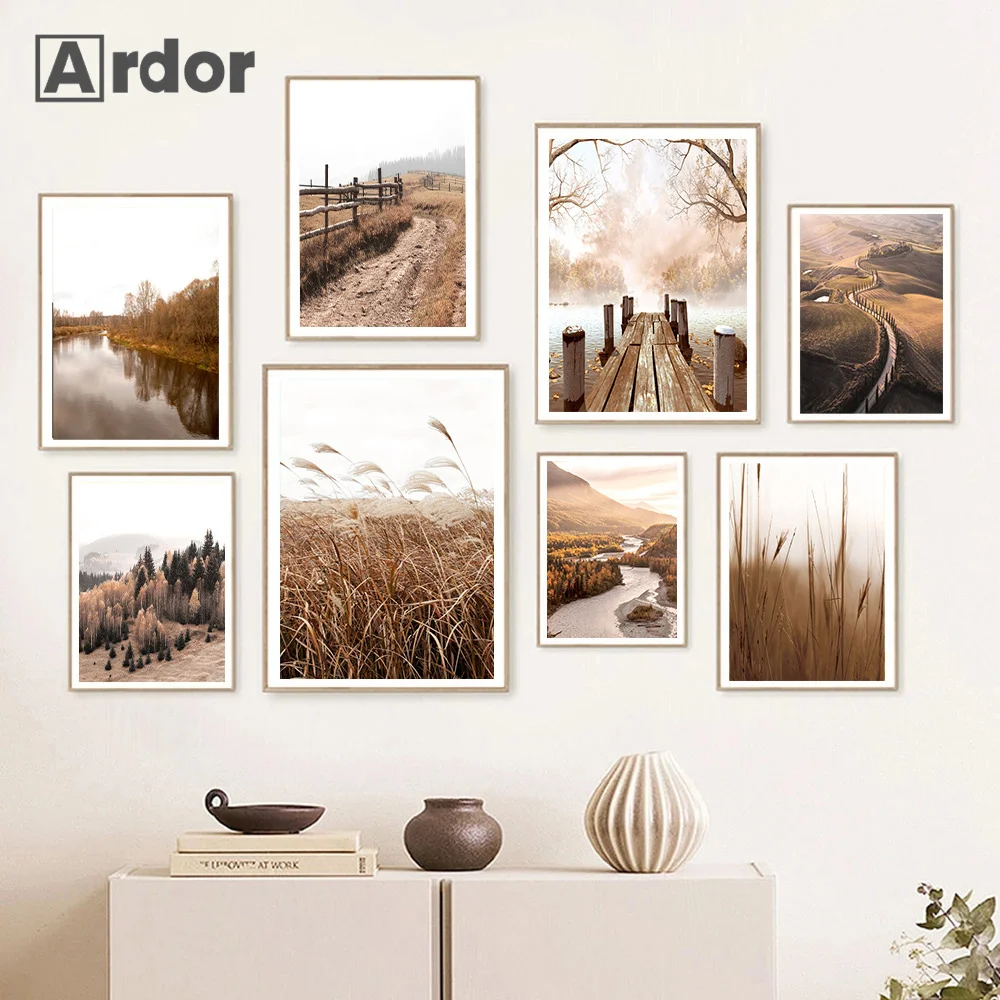 

Fall Natural Scenery Poster Forest Leaves Lake Bridge Art Canvas Painting Pumpkin Print Wall Art Pictures Living Room Home Decor