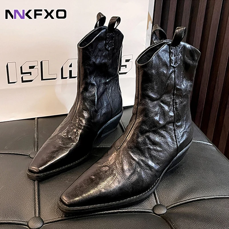 

2023 Women's Retro Mid Calf Boots Female Autumn Winter PU Leather Boots Western Cowboy Boots Pointed Toe Square Heel Boots QB279
