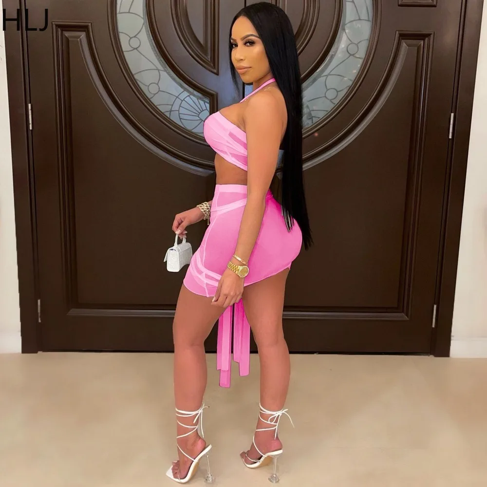 HLJ Sexy Mesh Perspective Bodycon Two Piece Sets Women Halter Sleeveless Backless Top + Mini Skirts Outfits Female Club Clothing