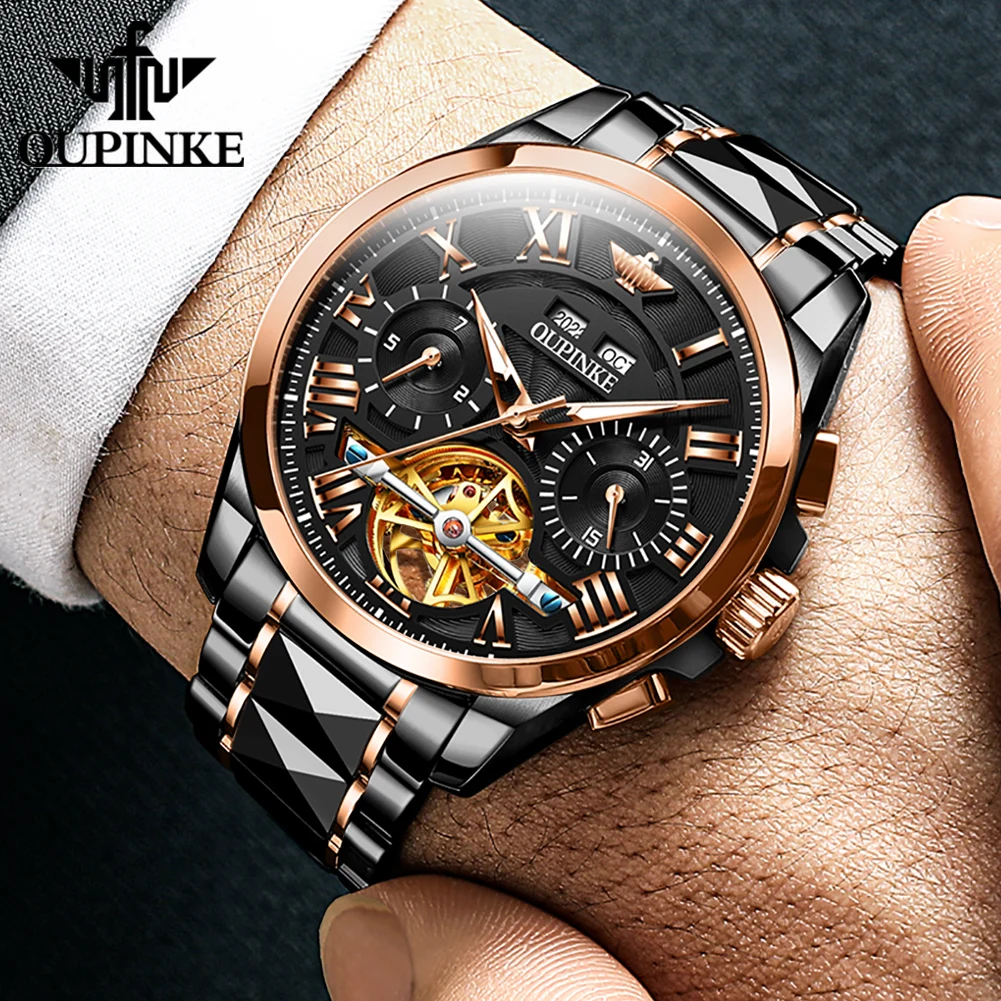 OUPINKE 3236 Men Watch Hollow Skeleton Date Luxury Mechanical Watch For Men Deep Waterproof Roman Scale Male Business Wristwatch