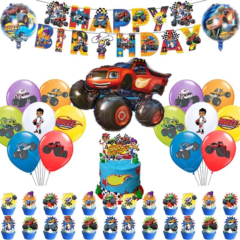 Blaze Monster ballons Machines voiture de course joyeux anniversaire bannière décoration de fête décoration de gâteau vaisselle jetable boule de fond