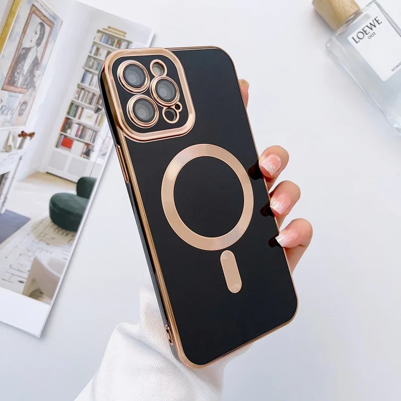 Plating Frame Phone Case iPhone 13 12 11 Pro Max 14 Plus For Magsafe Magnetic Wireless Charging Lens Protective_voghion.com