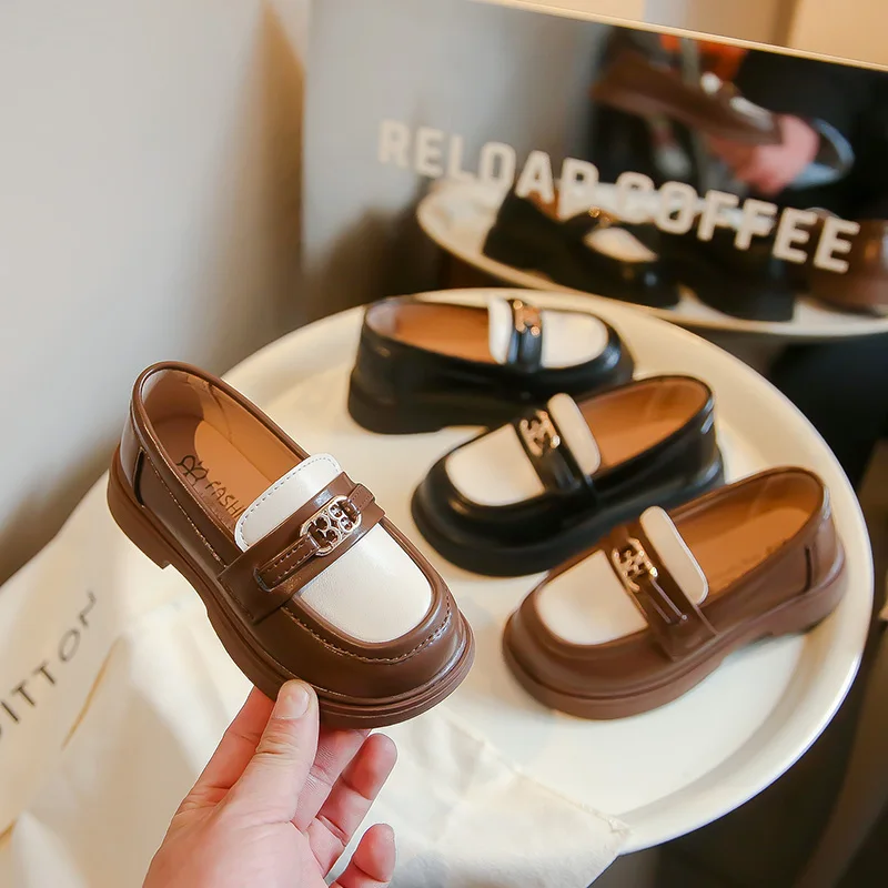 Children Casual Leather Shoes Fashion Patchwork Slip-on Unisex School Boys Girls Loafers Spring Kids Chunky Heel Platform Shoes