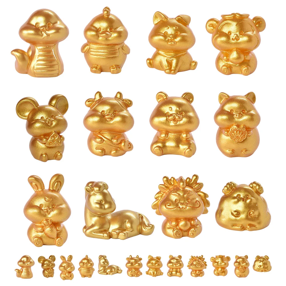 

Golden Chinese Zodiac Animal Figurines Miniature Mascot Animal Sculpture Collectibles Resin Statues Sculptures Chinese Feng