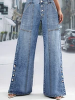 Women's Plus Size Jeans Pockets Denim Wide Leg Pants Button Vintage Streetwear Solid Casual Minimalist Jeans Trousers 2024
