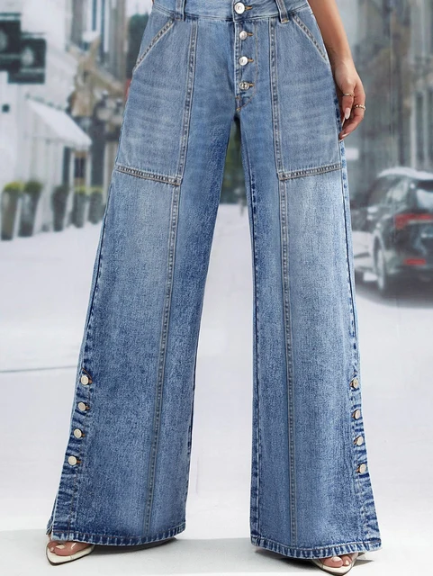 Women's Plus Size Jeans Pockets Denim Wide Leg Pants Button Vintage Streetwear Solid Casual Minimalist Jeans Trousers 2024