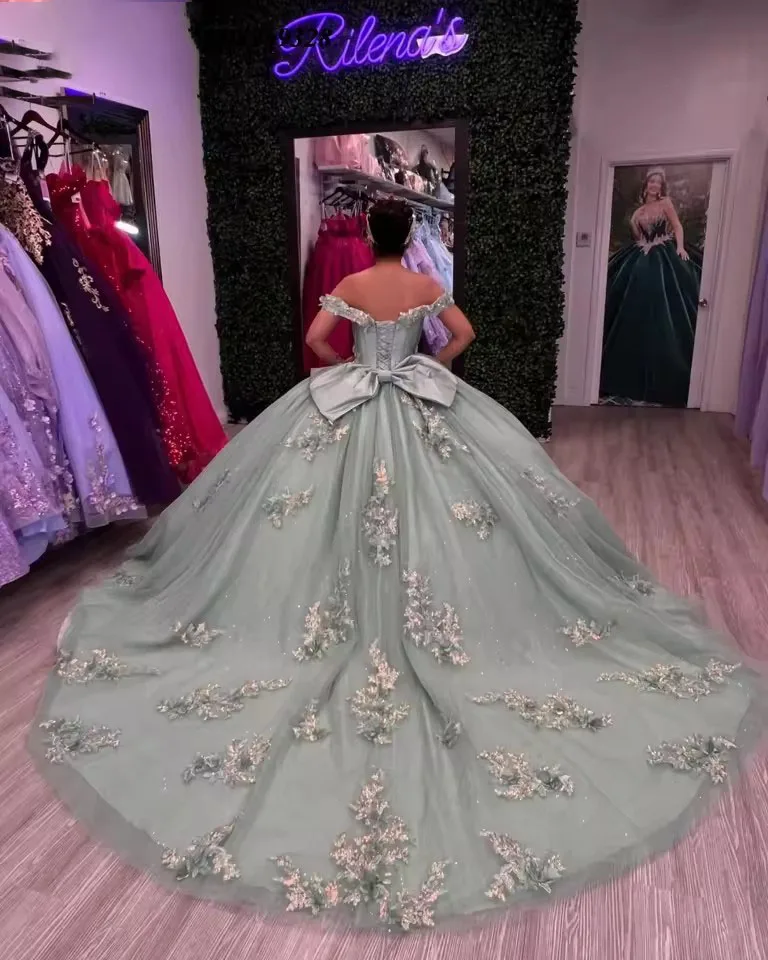 Glitter Sage Green Princess Quinceanera Dresses Ball Gown Sweet 15 Dress Lace Appliqued Vestidos De 15 Quincea&ntilde;eras