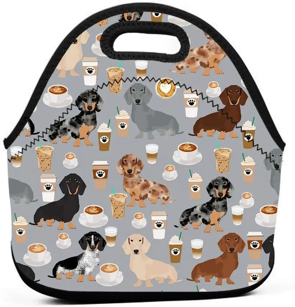 

Неопреновая сумка для ланча Dachshund Lattes, многоразовая изолированная сумка для ланча с молнией, переносной ланчбокс для школы, пикника, путешествий