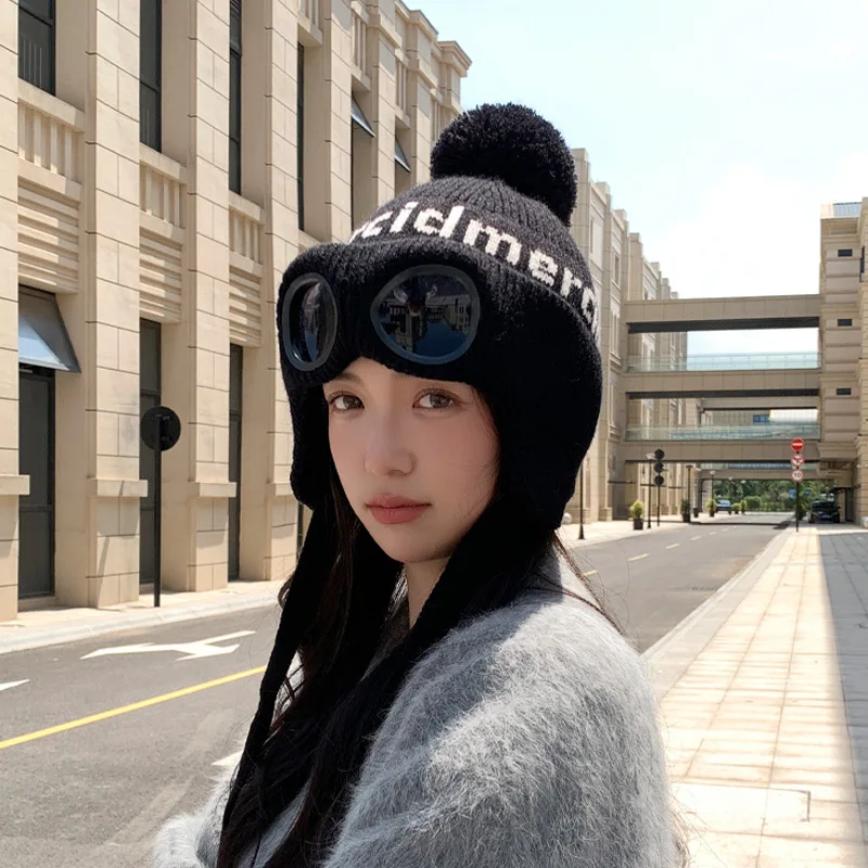 Winter Hat With Glasses Set Head Hat Women Outdoor Cold Protection Warm Ear Protection Hairball Knitted Woolen Skiing Sports