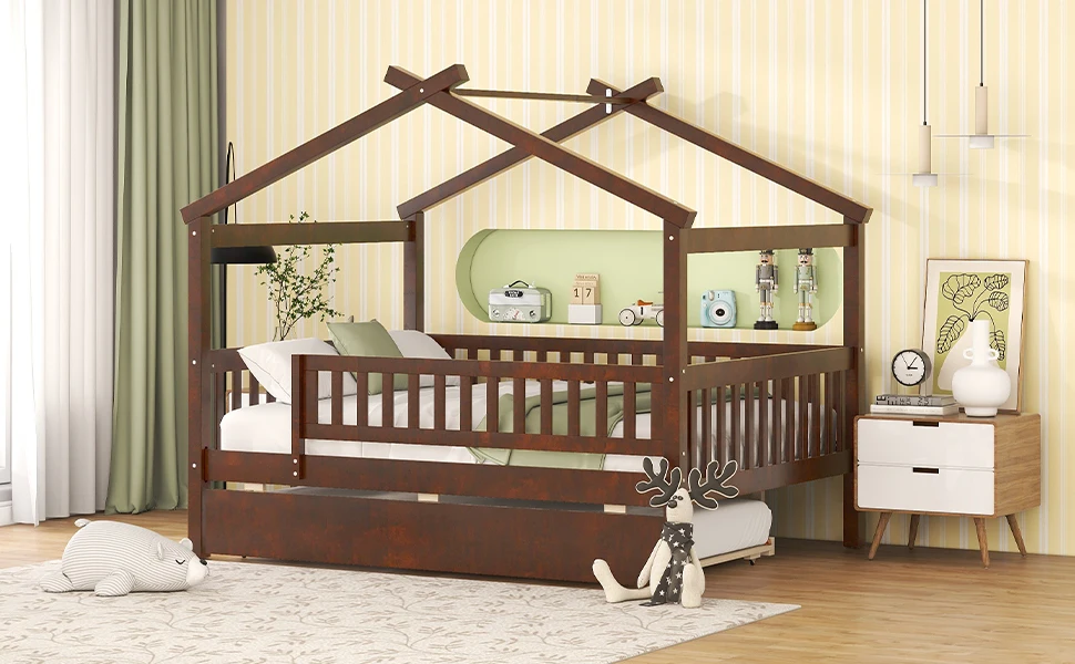 Full size Loft Bed with Shelves and Desk, Wooden Loft Bed with Desk - Espresso 4