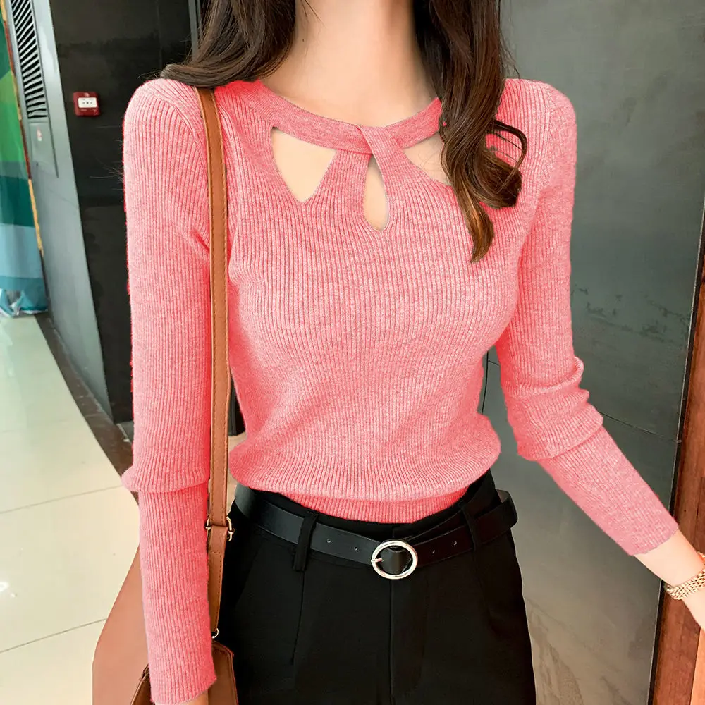 

Pink Korean Top New Fall Winter Office Lady Pullover Soft Sweater Women's hollowed out Sweater Women Pullover Pull Cloth