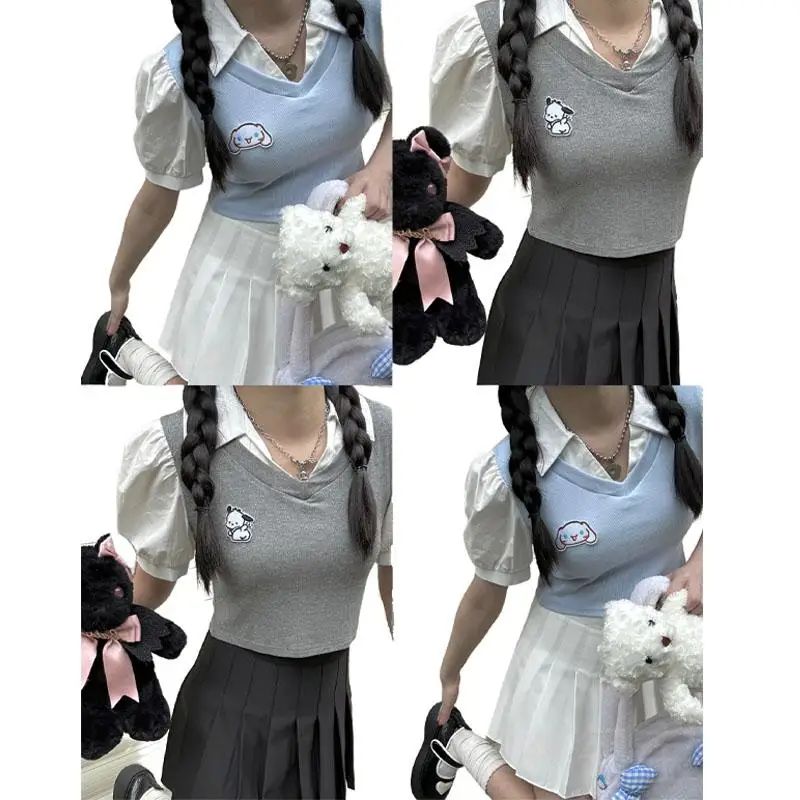 

Новинка Sanrio Cinnamoroll Pachacco с коротким рукавом Jk ветер студенты колледжа тонкая секция тонкая ложная блузка из двух частей женская рубашка