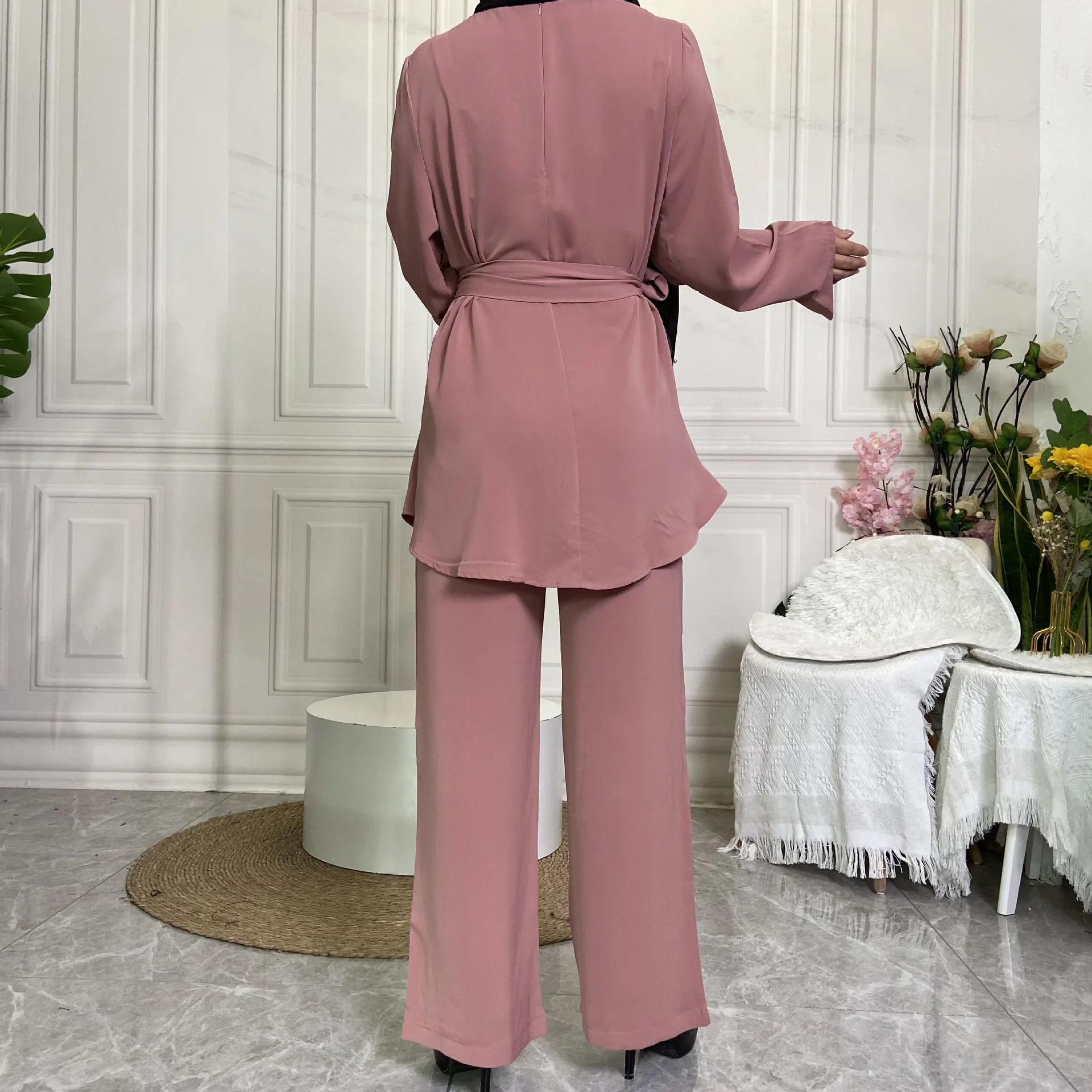 Free Shipping Exclusive Middle East Dubai Fashion Women's Wear: Simple Wide Leg Pants Muslim Nida Lace-up Suit
