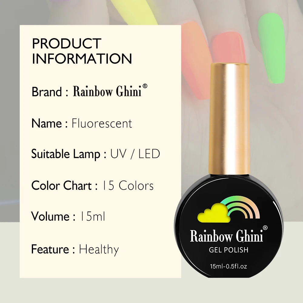 Nail Polish RG Neon UV LED Gel Nail Polish 15ml Semi-Permanent Hybrid Nail Varnish Art Manicure Fluorescent Color Salon Top Coat Gel Polish