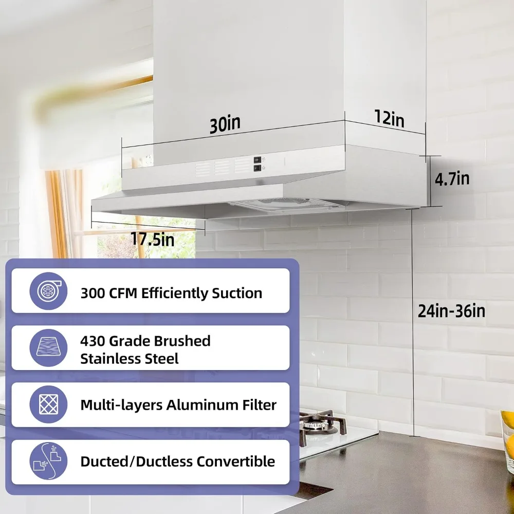 30 inch Range Hood Under Cabinet, Ducted/Ductless Convertible Stainless Steel Kitchen Range Hood 2