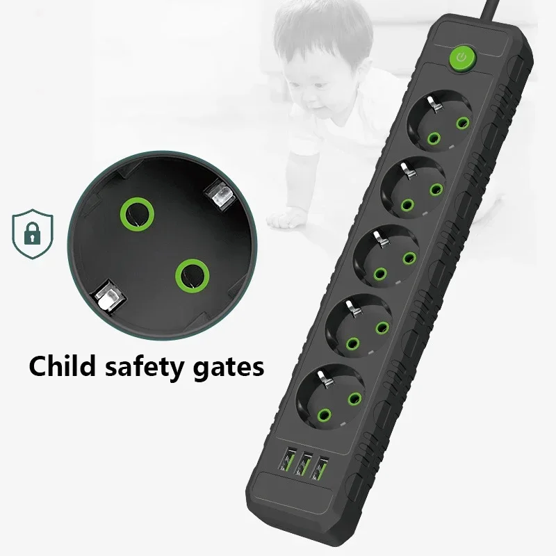 EU ÷ Ƽ 3/4/5 AC ܼƮ  , 2m ͽټ ڵ  , 3 USB Ʈ, 2500W Ʈũ 