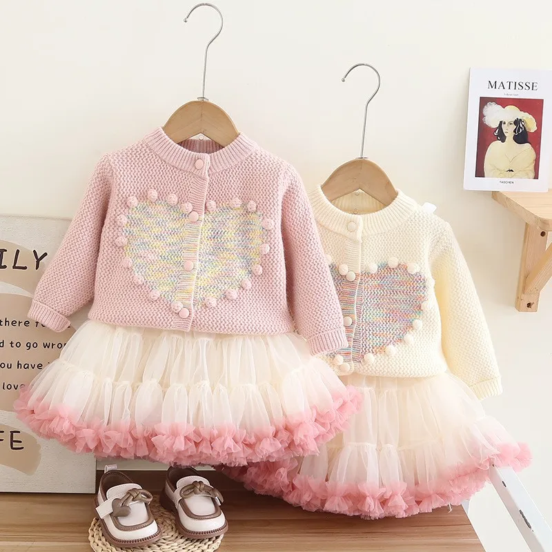 

Heart-Shaped Pattern Knitwear Cardigan+Skirt 2Pcs Clothing Sets Spring Autumn Girls Baby Princess Christmas Birthday Party Suits