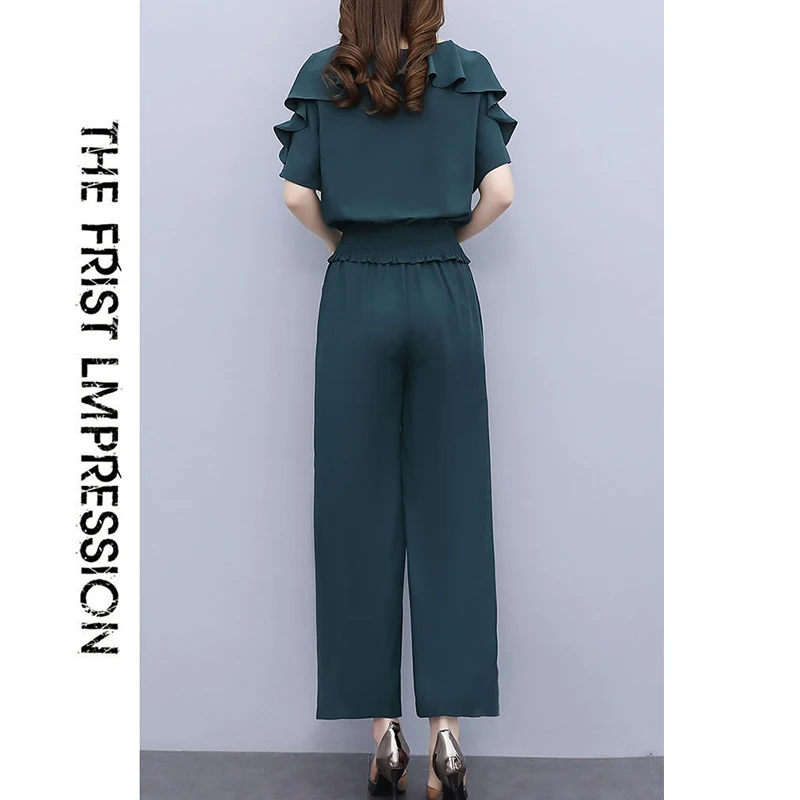 Summer Fashion Women's 5XL Elegant Lace Patchwork Ruffles Short Sleeve Waist Shirt Elastic High Waist Wide Leg Casual Pants Set