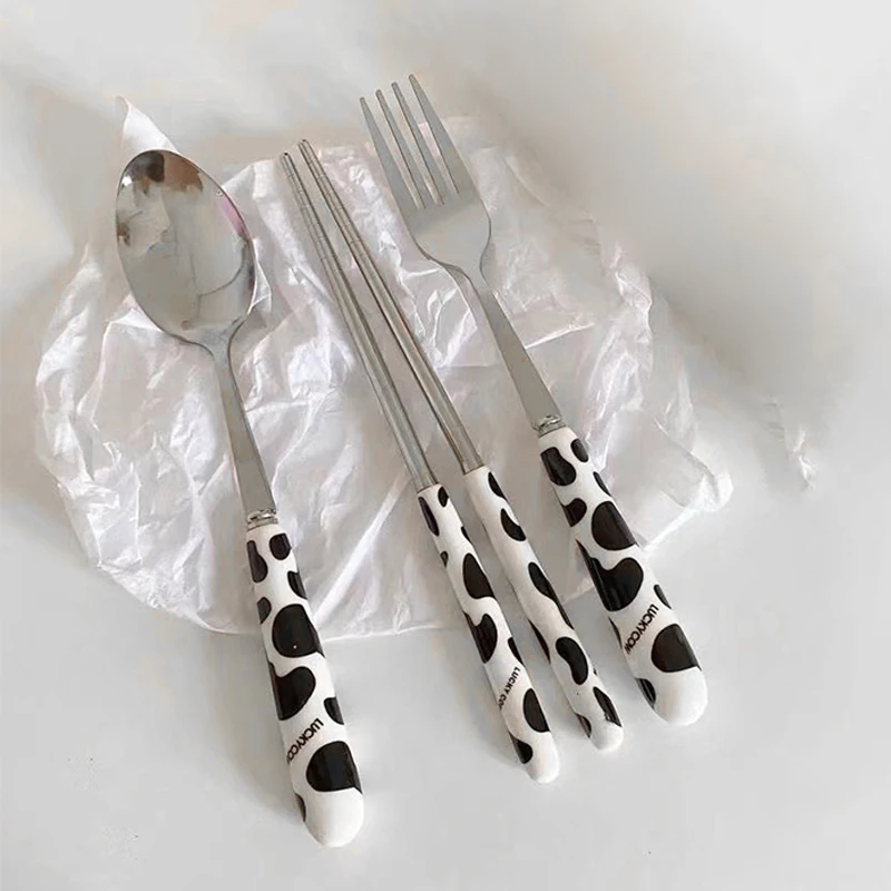 Cartoon Cow Portable Stainless Steel Tableware Cute Gift Set Spoon Three-Piece Including Chopsticks