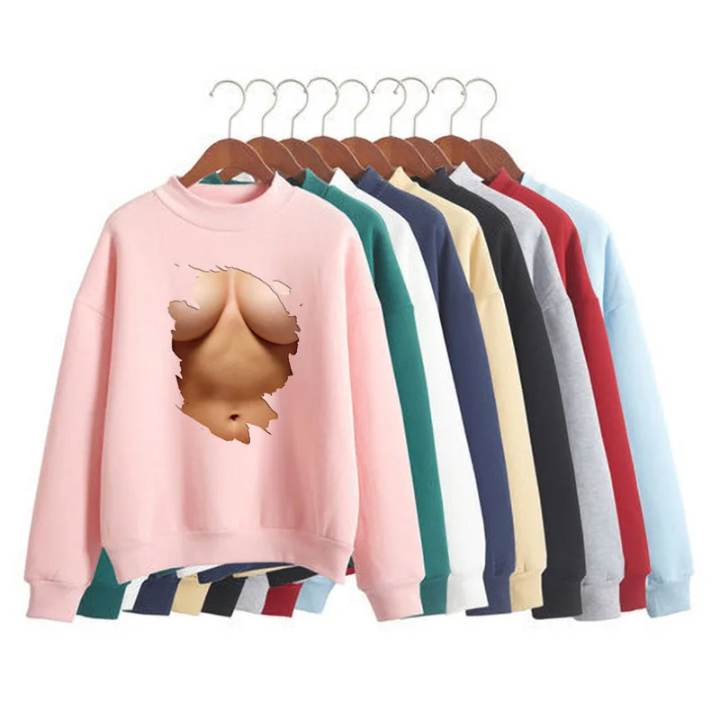 

Big Boobs Sexy Stomach Pack Abs Print Women Sweatshirt Korean O-neck Knitted Pullover Thick Autumn Candy Color Lady Clothing