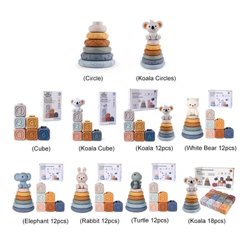 1Set Soft Silicone Building Blocks Stacking Blocks Baby Toy Round Shape Silicone Construction Toy Rubber Teethers Montessori Toy 5