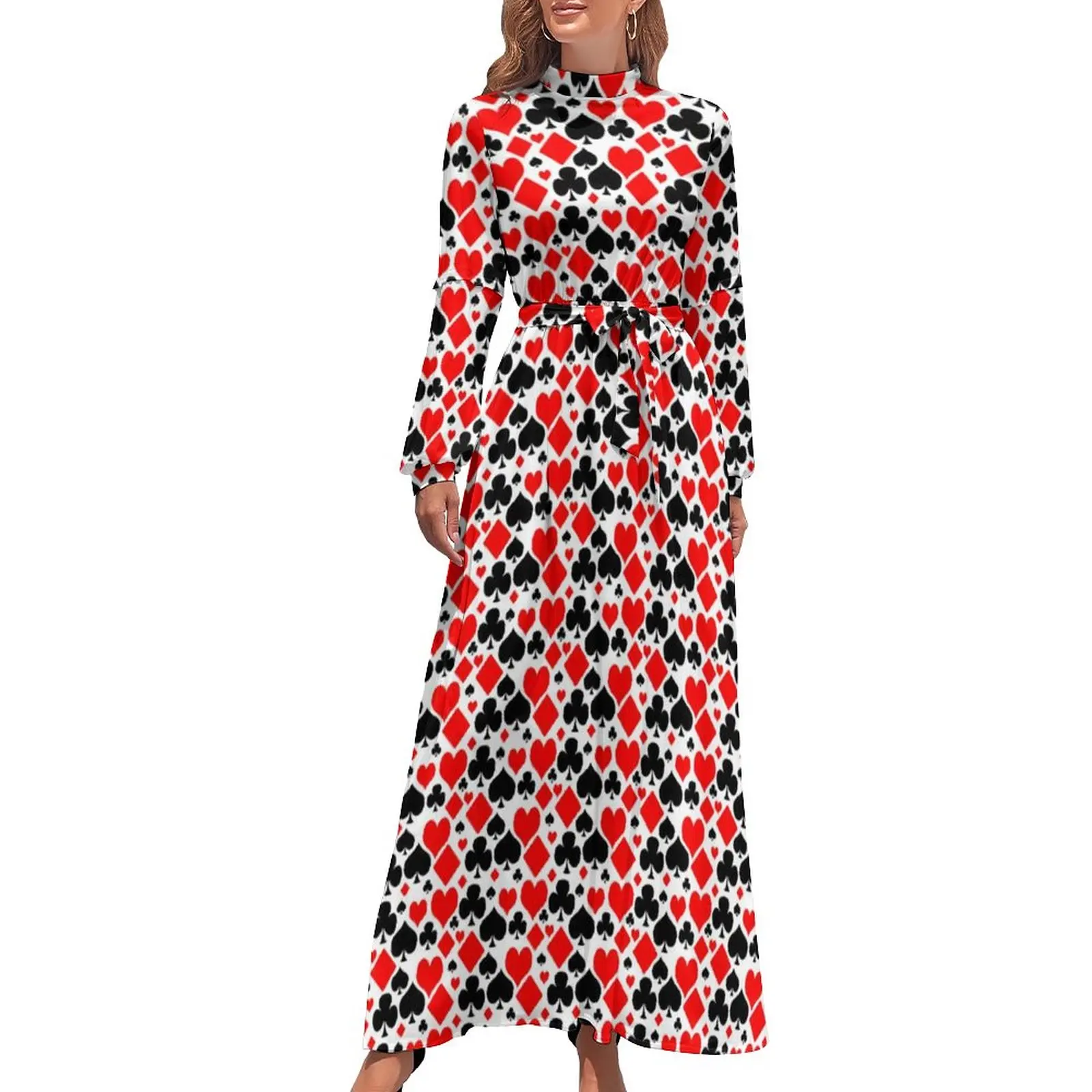 

Poker Print Dress High Waist Hearts Diamonds Clubs Spades Custom Beach Dresses Long Sleeve Fashion Long Maxi Dress Sexy Vestidos