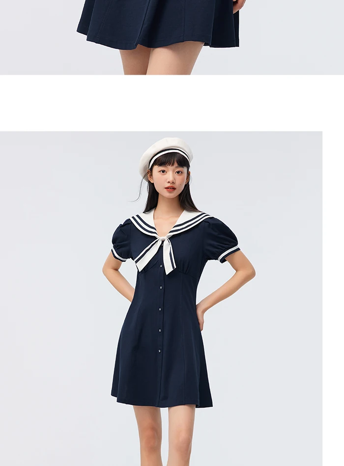Vestido de verano para mujer, con mangas abullonadas, dulce, nuevo, con temperamento en contraste, cuello azul marino, vestido de primer amor, estilo academia.