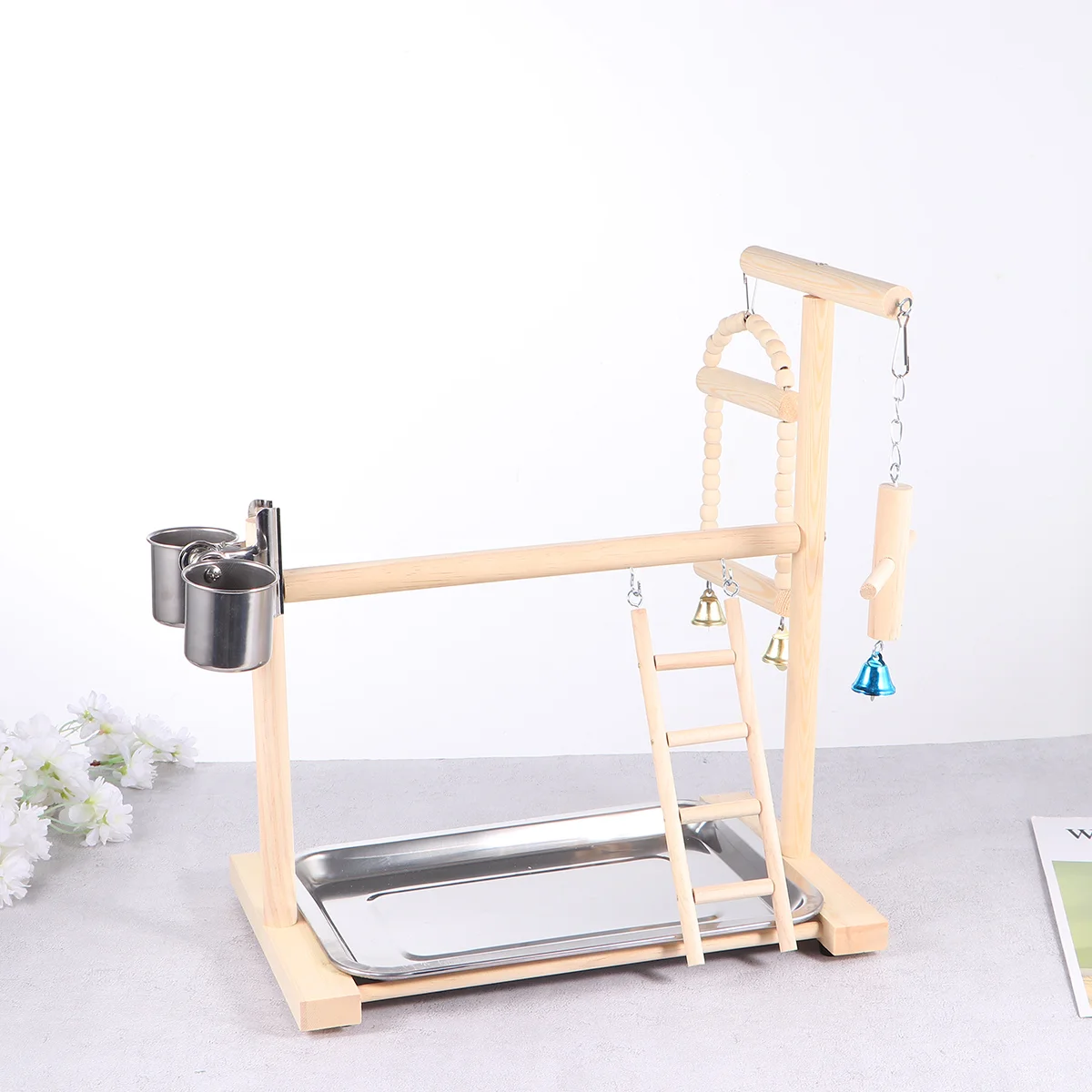 

Parrot Playstands with Cup Toys Tray Bird Swing Climbing Hanging Ladder Bridge Wood Cockatiel Playground Bird Perches 40x23x36Cm