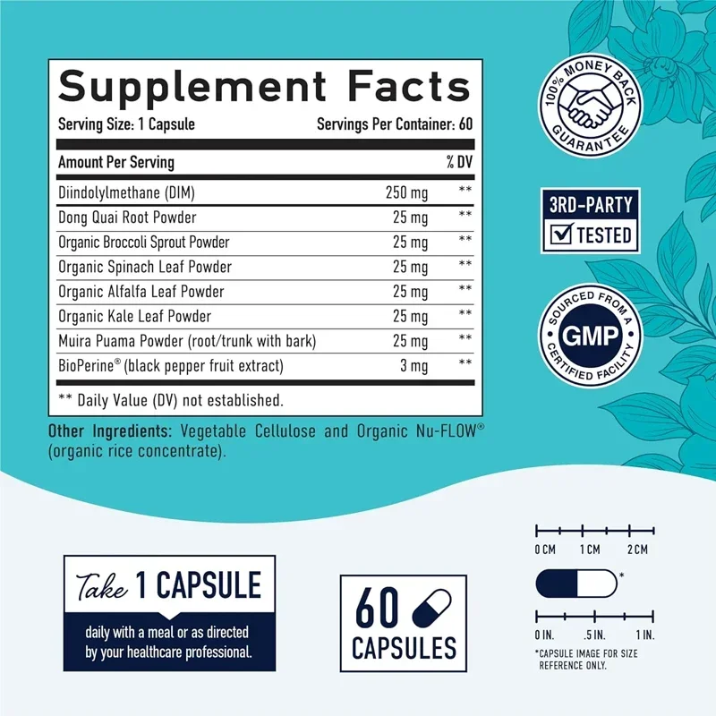 DIM Female Hormone Balance Relieve Menopausal Heat and Night Sweat 60 Capsules Estrogen Metabolic Supplement Gluten Free