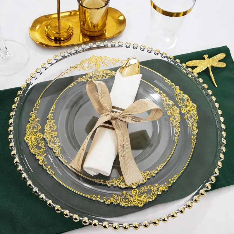Description Picture 4 of item350pcs Plastic Plates, Disposable Plates with Trim, Includes: Dinner Plates, Dessert Plates, Cups, Rolled Napkin Cutlery