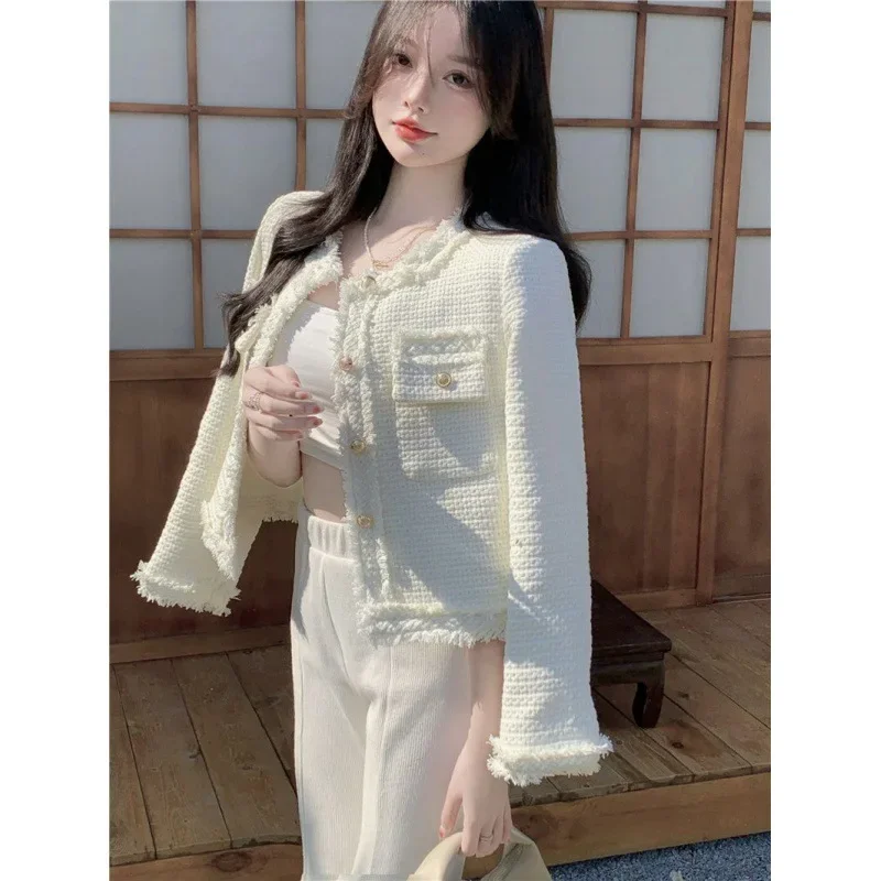 Korean Fashion Plaid Tweed Jacket Women White Round Neck Cropped Tassel Coat Autumn Single Breasted Office Lady Outwear