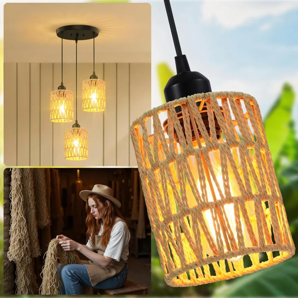 3-flammige Rattan-Pendelleuchte, Bauernhaus-Boho-Hängeleuchte mit Korbschirmen für Esszimmer, Kücheninsel, Schlafzimmer – Detail 3