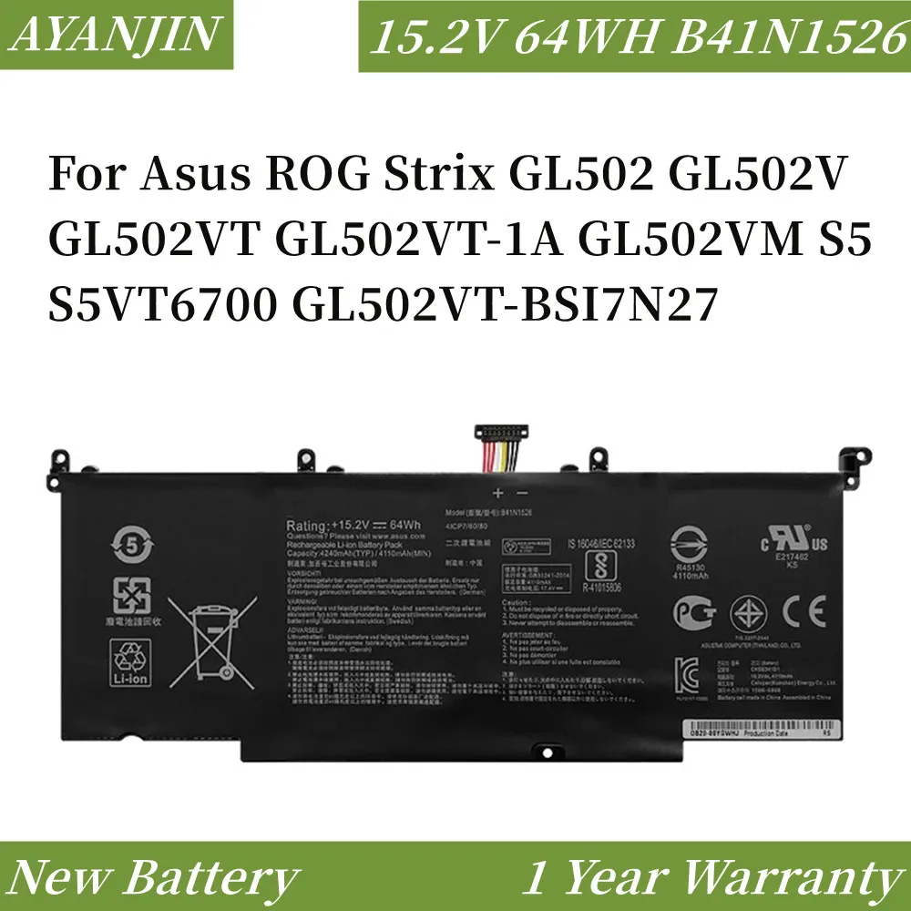 

B41N1526 15.2V 64WH Laptop Battery For Asus ROG Strix GL502 GL502V GL502VT GL502VT-1A GL502VM S5 S5VT6700 GL502VT-BSI7N27