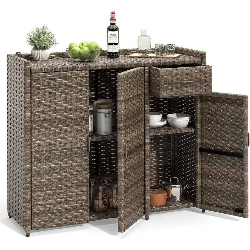 

Outdoor Storage Cabinet, Weather-proof Rattan Bar Table with Two Doors, Adjustable Shelves&Foldable Drawer