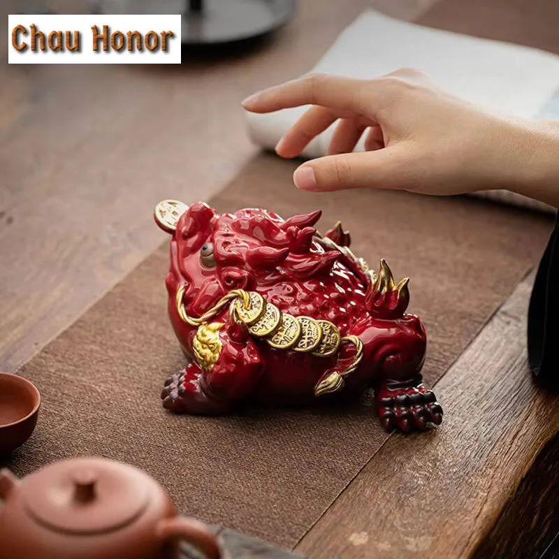 Retro Golden Toad Statue Zisha Yixing Copper Cash Tea Pet Lucky Tea Figurine Ornaments Raise Tea Set Decoration Accessories Gift