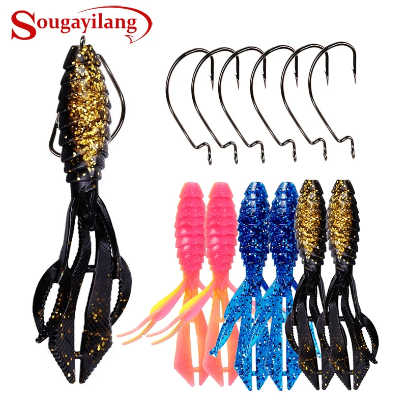 Sougayilang 6Pcs Life-Like Soft Baits Lure with 6Pcs Jig Hooks for Trout  Bass Salmon Freshwater Saltwater Fishing