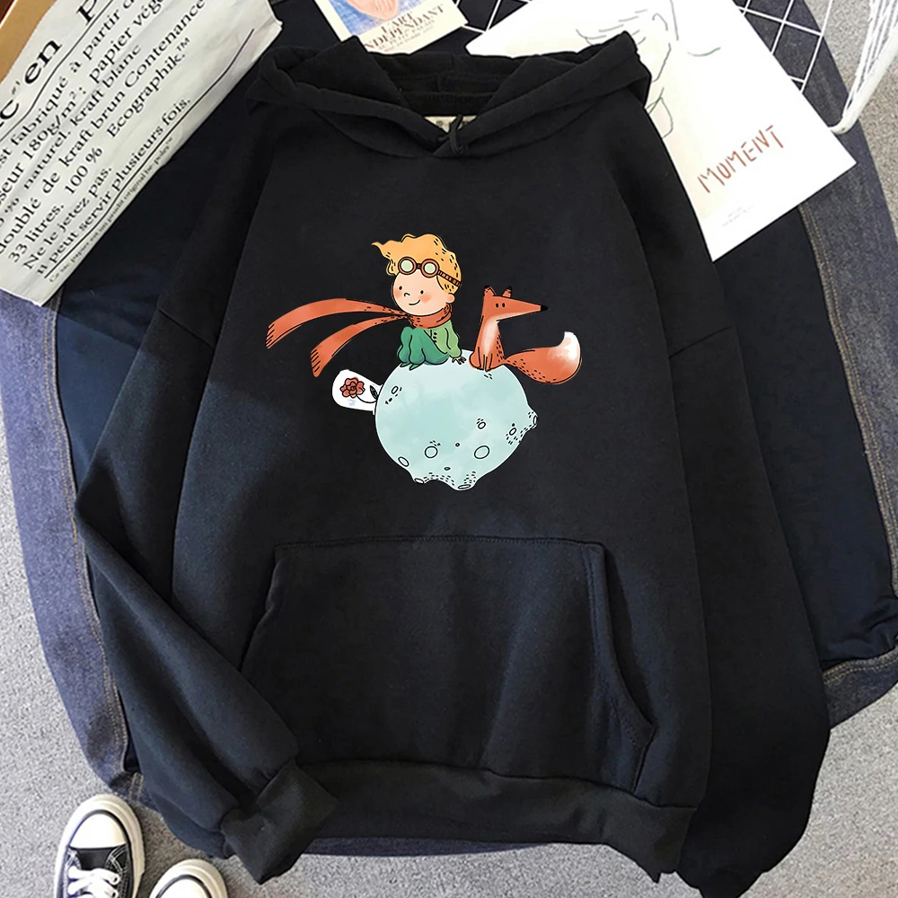 Little Prince Hoodie Fox and Rose Printing Hoody Women Kawaii Clothes Female Oversized Sweatshirts Spring Long Sleeve Pullovers enkay hat prince for macbook pro 16 inch 2019 a2141 anti scratch flowers series patterned crystal sheer hard pc laptop case spring