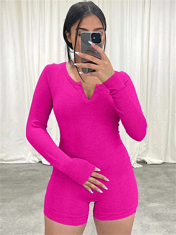 

WJFZQM Fashion Ribbed Long Sleeve Buttons Sexy Bodycon Jumpsuit One Piece Playsuit 2023 New Spring Women Streetwear Sport Romper